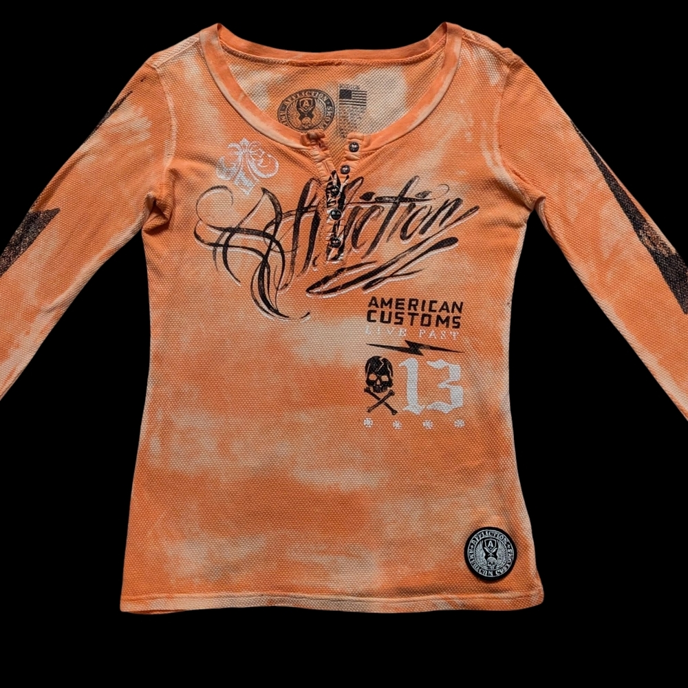 Affliction Women's Graphic Orange Long Sleeve Tee Size Medium.